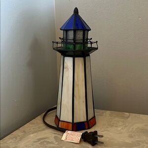 Blue and Green Lighthouse Accent lamp with Stained Glass Design